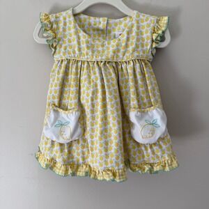 Shrimp & Grits Kids Lemon Print‎ Dress Ruffle Pockets Bow Back Girls 3T